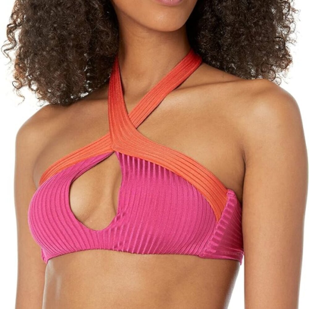 Trina Turk Olympia Rib Crossover High-Neck Bikini Swimsuit Top, Pink/Orange